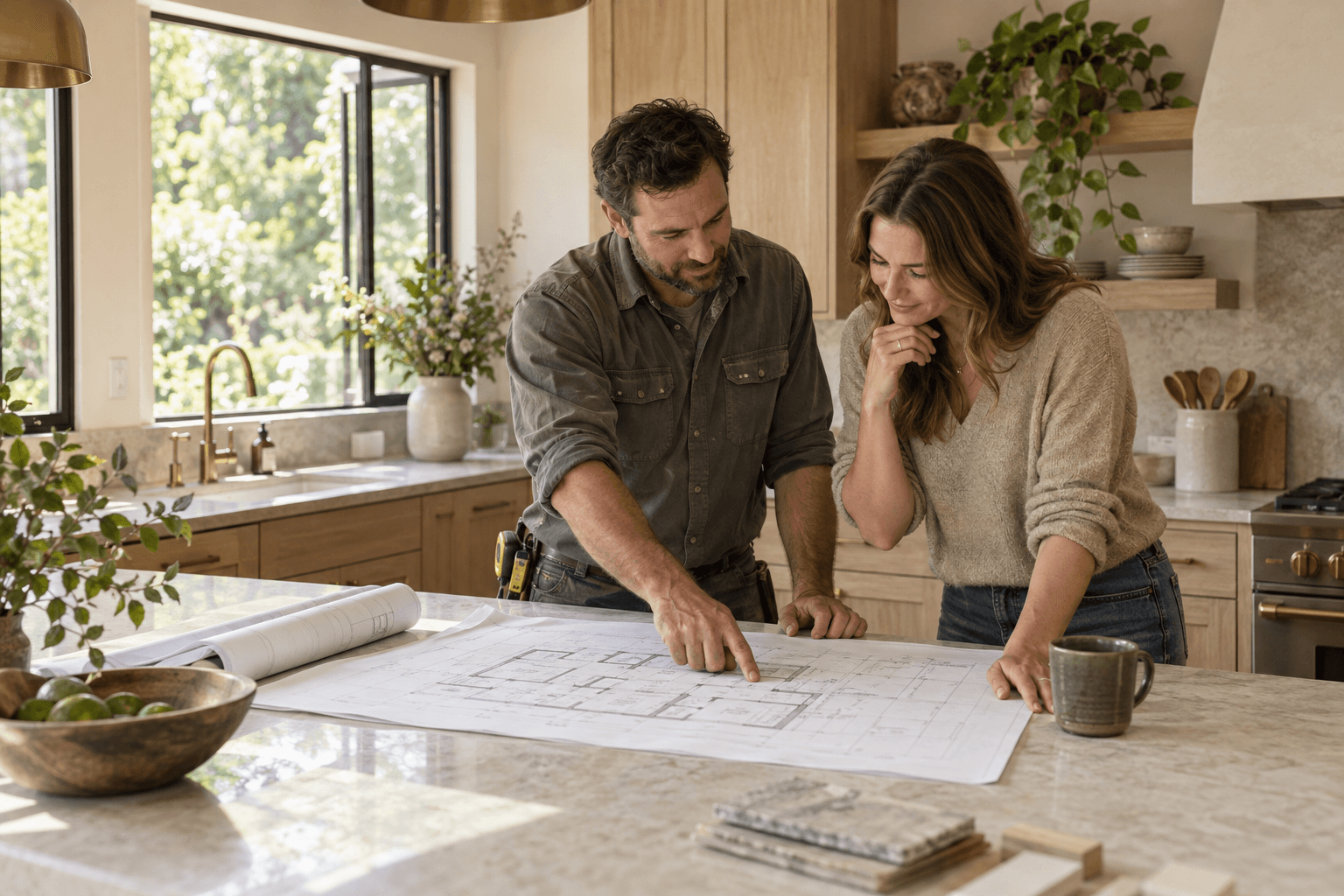 A contractor discussing renovation plans with a homeowner in a kitchen
